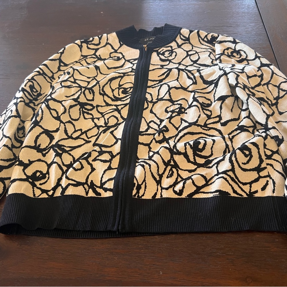 St. John Black and White Bomber Jacket with Artistic Pattern